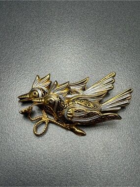 Vintage Damascene Birds Brooch